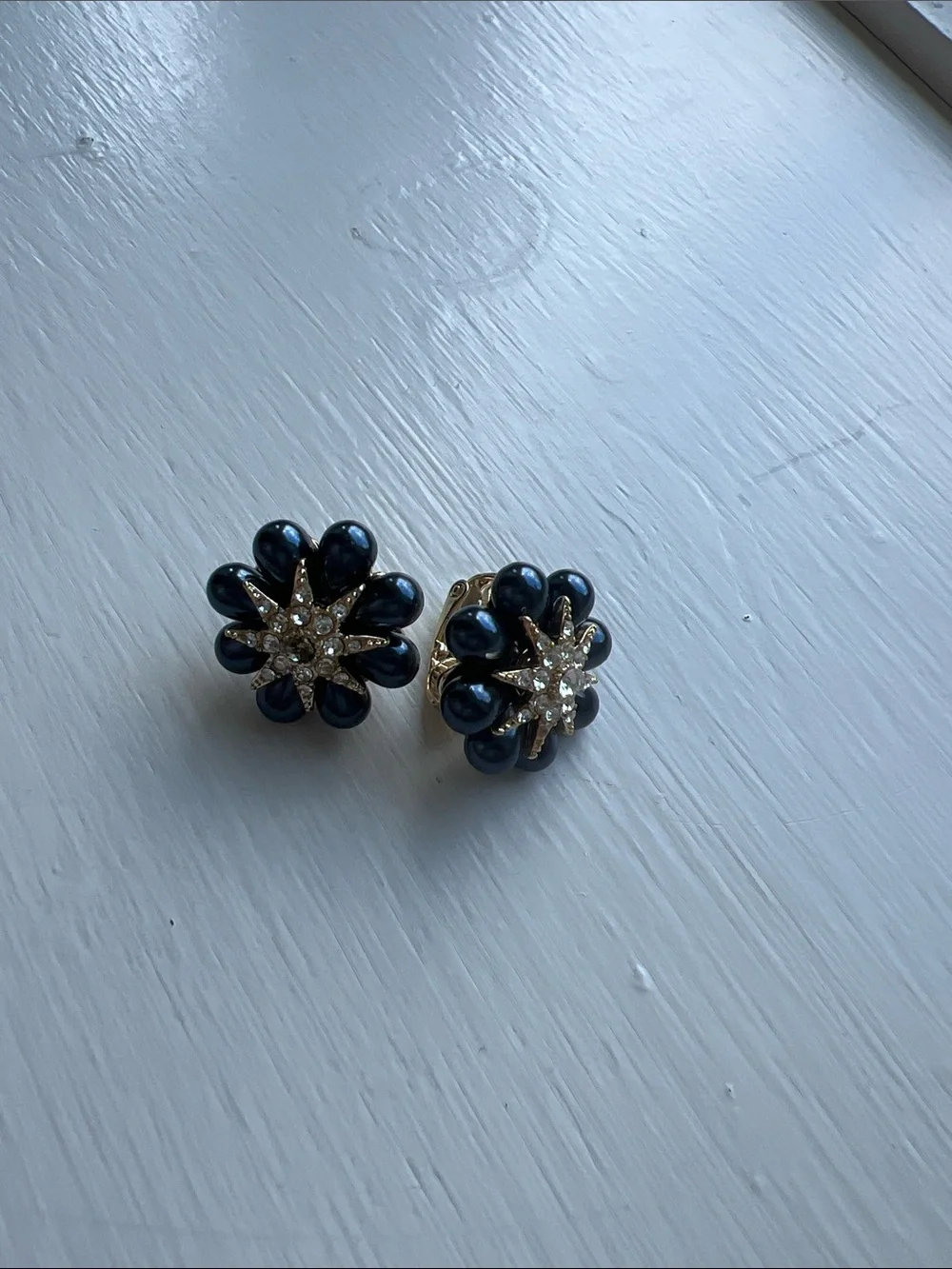 Navy Petal Cluster Earrings with Crystal Star Centers Vintage Mid-Century